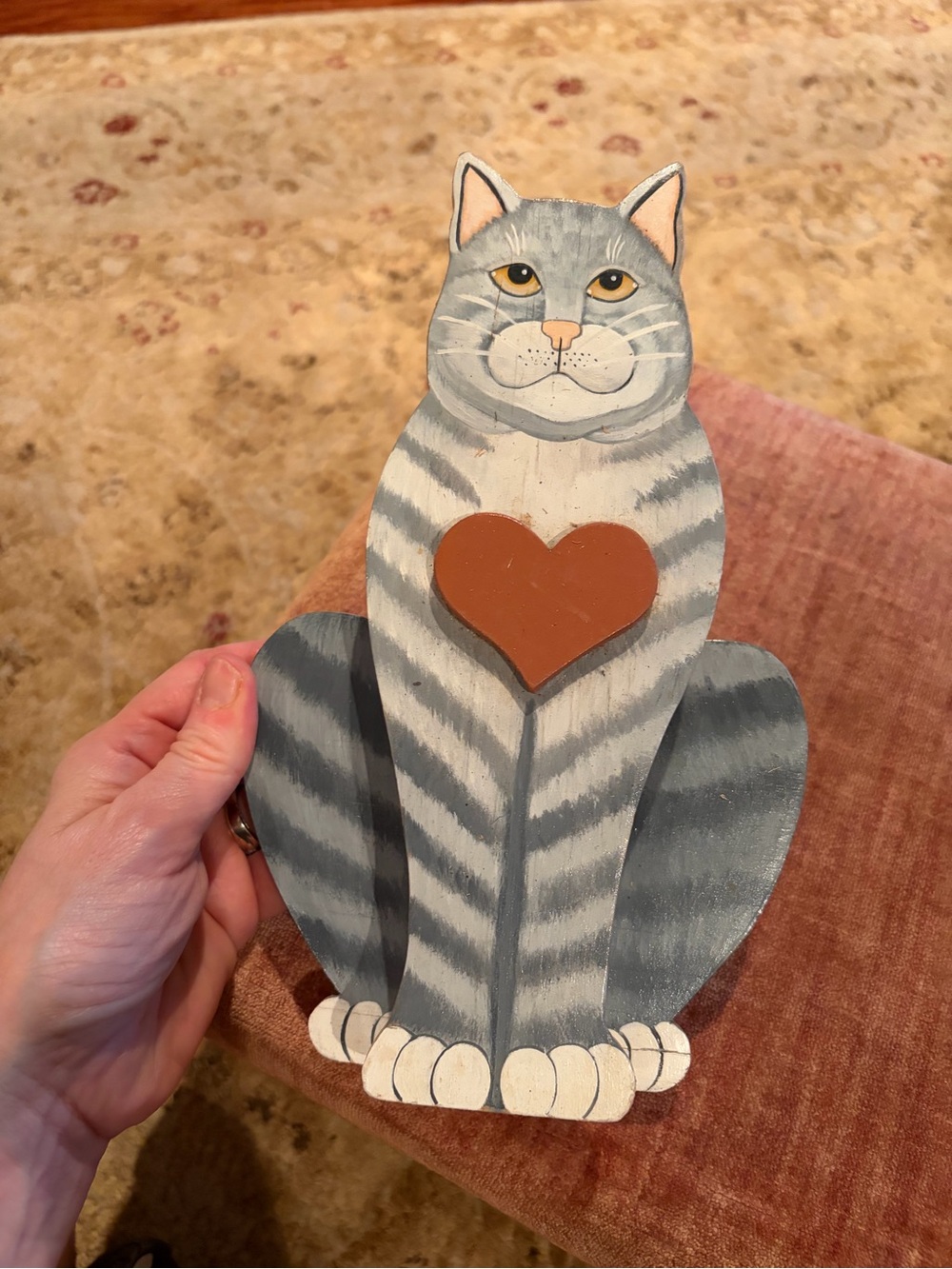 Hand-Painted Gray Tabby Cat Wall Decor with Brown Heart Jen Mayer EUC